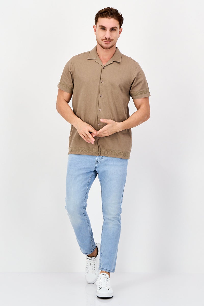 Threadbare Men Regular Fit Short Sleeve Embroidered Casual Shirt, Taupe - Image 4